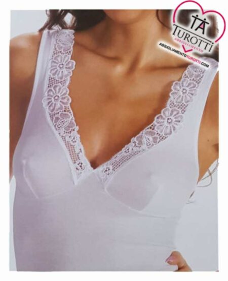 Canottiera spalla larga con reggiseno in Filo Scozia  con pizzo macramè nello scollo 5068 Vajolet