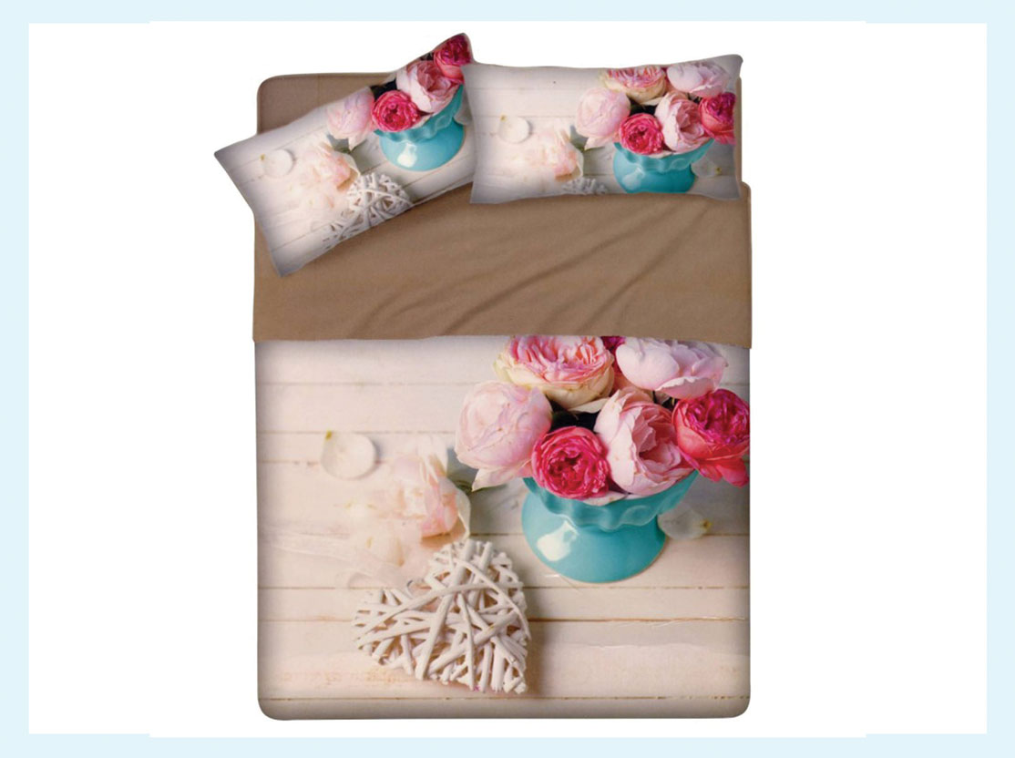 completo lenzuola in pregiato raso di cotone made in italy fiore rosa -  lovehome
