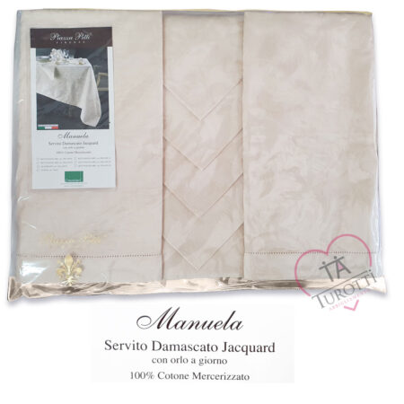 Servito Damascato Tavola Jacquard con orlo a giorno  Manuela Palazzo Pitti Firenze 100% cotone mercerizzato 12 tovaglioli var 2  beige - immagine 2